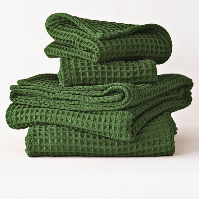 4-Piece Waffle Towels Set for Bathroom - Soft 100% Turkish Cotton Quick-Dry Lint-Free Waffle Weave Thin Bath and Hand Towels (Dark Green, 2 Bath & 2 Hand Towel Set)