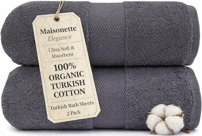 Maisonette Elegance 100% Organic Cotton Turkish Bath Sheets - Soft Absorbent Oversized Bathroom Towels - Ideal Quick Dry Extra Large Luxury Towel Set for Shower (35" x 70", 2 Pack) - Dark Grey (Stone)