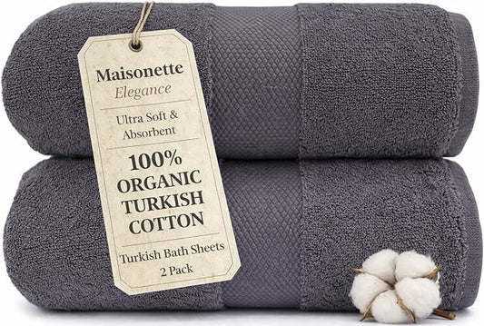 Maisonette Elegance 100% Organic Cotton Turkish Bath Sheets - Soft Absorbent Oversized Bathroom Towels - Ideal Quick Dry Extra Large Luxury Towel Set for Shower (35" x 70", 2 Pack) - Dark Grey (Stone)