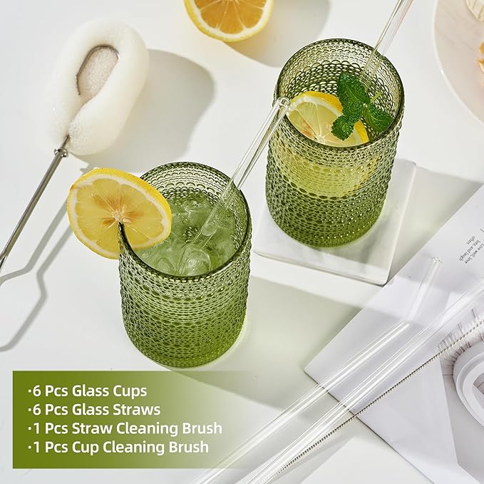 16oz Hobnail Drinking Glasses Set of 6, Vintage Large Capacity Embossed Green Tumblers, Highball Glasses for Water, Cocktail, Beer, Whiskey, Juice & Bar Use