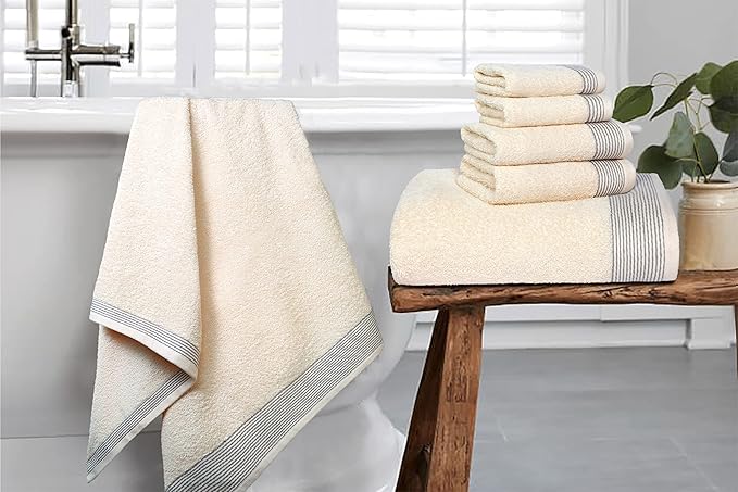 Belizzi Home 100% Cotton Ultra Soft 6 Pack Towel Set, Contains 2 Bath Towels 28x55 inchs, 2 Hand Towels 16x24 inchs & 2 Washcloths 12x12 inchs, Compact Lightweight & Highly Absorbant - Ivory