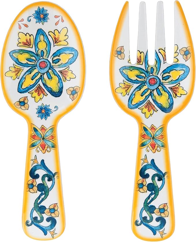 UPware Chianti Melamine Salad Servers, Serving Utensil Set, Includes Serving Fork and Spoon for Tossing Salad, Pasta, Multicolor, 10.75 Inch, Set of 2