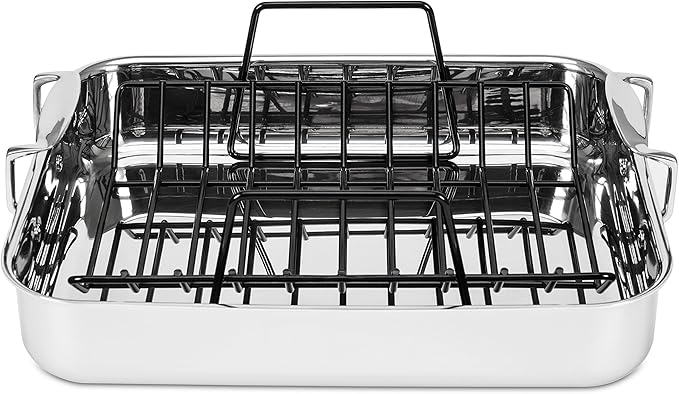 Viking 3-Ply Stainless Steel Roasting Pan with Non Stick Rack, 16 x 13 Inch Kitchen Cookware, Great for Turkey, Dishwasher and Oven Safe, Induction Ready, Silver