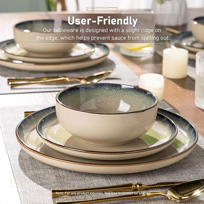 GBHOME Ceramic Dinnerware Sets for 8, 24 Pieces Stoneware Plates and Bowls Sets, Reactive Glaze Dishes -Scratch Resistant, Dishwasher&Microwave Safe, Pale Khaki