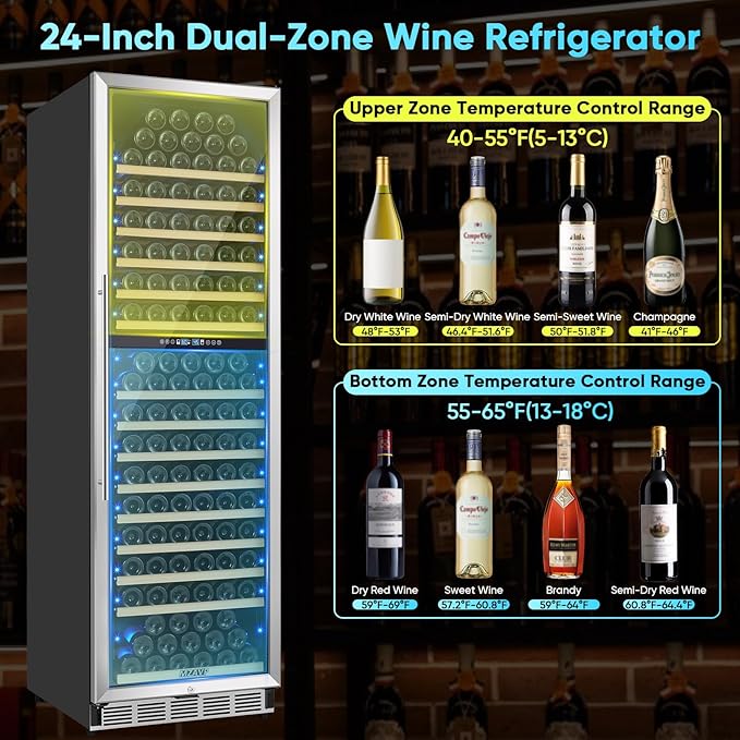 200 Bottle Wine Fridge, 24 Inch Wine Cooler Refrigerator Freestanding or Built-in, Professional Dual Zone Temperature Control, Low Noise Operation and Advanced Compressor Cooling