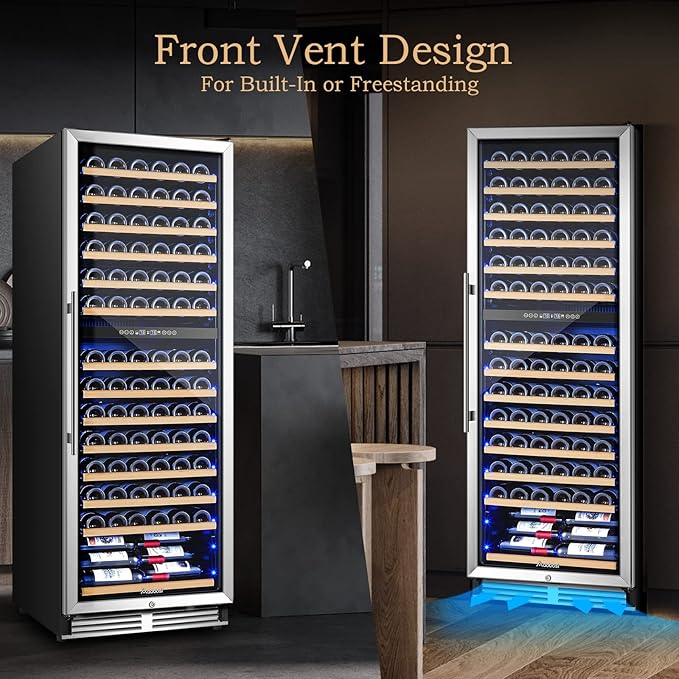 AAOBOSI 24 Inch 154 Bottles Wine Cooler，40-65°F Dual Zone Cooler, 14 Adjustable Shelves，Visualized Temperature Regulation,Uniform Cold Air Circulation