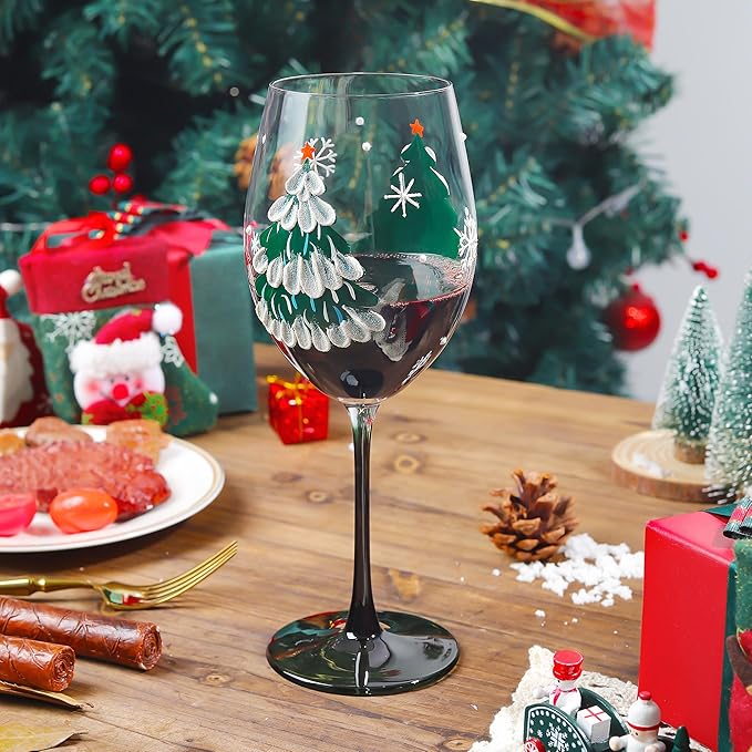 Joeyan Christmas Crystal Red and White Wine Glasses,Hand Painted Glass Goblet Drinking Glasses,Green Xmas Tree and Snowflakes Patterned Glass Tumbler Cups with Stem,Gift for Men Women,19.5 oz,Set of 2