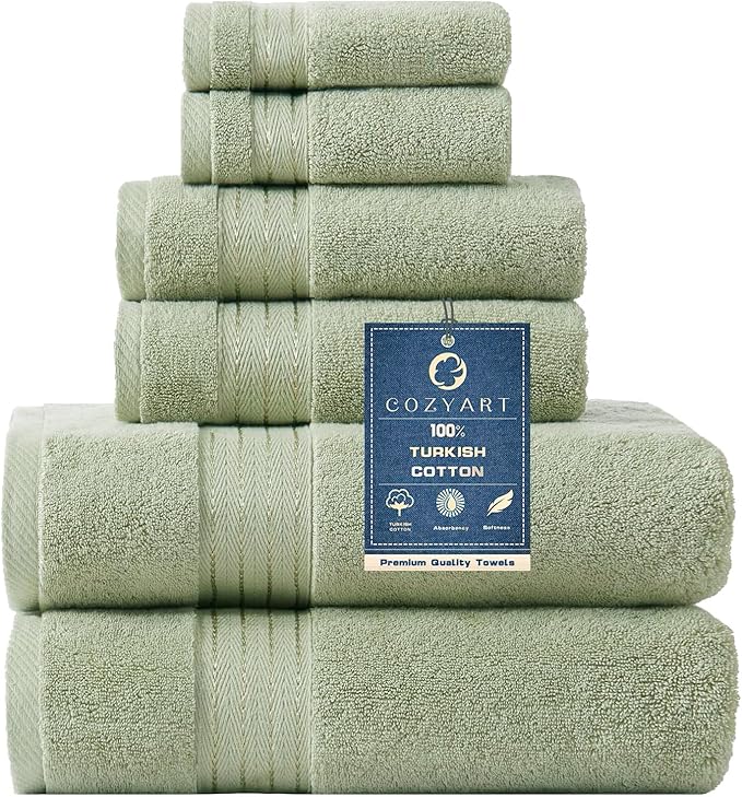 COZYART Sage Green Bath Towel Set for Bathroom Turkish Cotton Thick Soft Absorbent Durable 650 GSM Towel Sets of 6, 2 Large Bath Towels, 2 Hand Towels, 2 Washclothes