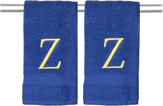 Navy Monogram Hand Towel for Bathroom - Monogrammed Initial Hotel Quality Decorative Embroidered Luxury Towel for Powder Room, Spa - GOTS Organic Certified - Set of 2 Letter Gold Z