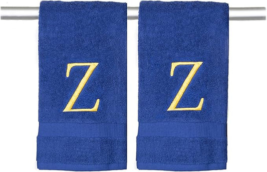 Navy Monogram Hand Towel for Bathroom - Monogrammed Initial Hotel Quality Decorative Embroidered Luxury Towel for Powder Room, Spa - GOTS Organic Certified - Set of 2 Letter Gold Z