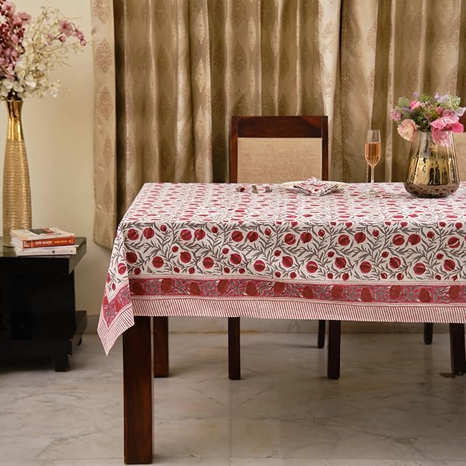 Ridhi -Sangria Red Cotton Tablecloth, Handblock Print Floral Table Cloth for Kitchen Dining Linen I Thanksgiving, Christmas, Wedding, Fall Décor 4 Seater 60x60 Inches Square
