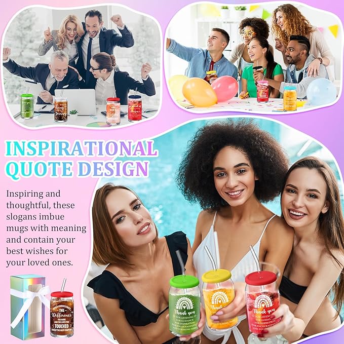 Layhit 12 Set Employee Appreciation Gifts Thank You Glass Cups for Staff Coworker 16 oz Can Shaped Beer Glass with Lids Straws Brushes Gift Boxes Ribbon for Nurse Teacher Week Mothers Day(Team B)