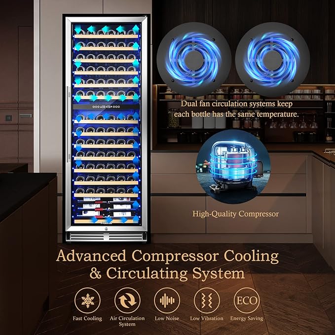AAOBOSI 24 Inch 154 Bottles Wine Cooler，40-65°F Dual Zone Cooler, 14 Adjustable Shelves，Visualized Temperature Regulation,Uniform Cold Air Circulation