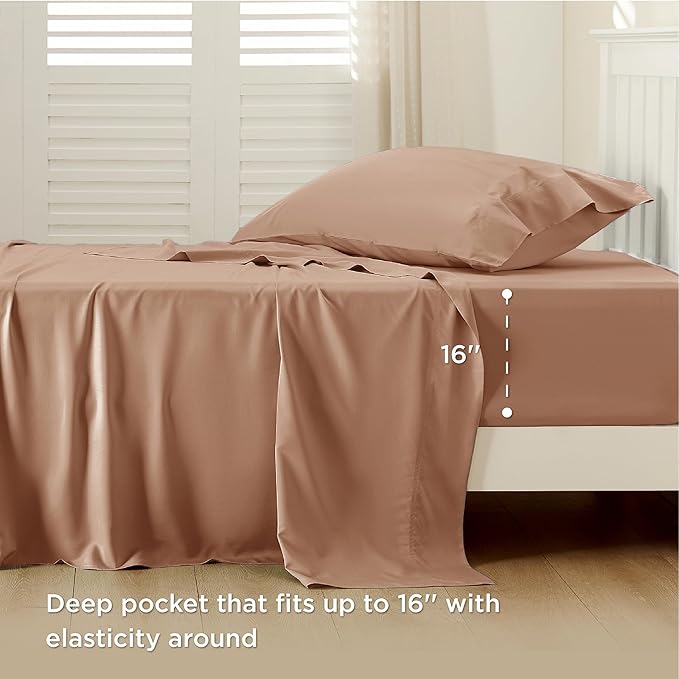 Bedsure Cooling Sheets Twin, Rayon Derived from Bamboo, Breathable & Soft Twin Sheets Set, Deep Pocket Up to 16 Inches, Hotel Luxury Silky Bedding for Hot Sleepers, Khaki