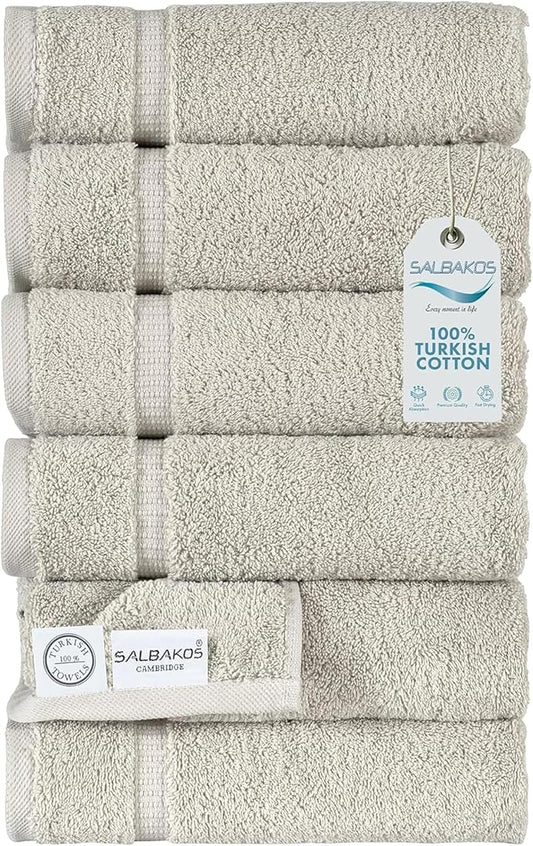 SALBAKOS 100% Turkish Cotton Hand Towel Set of 6 16x30 inch | Heirloom Quality | Hotel & Spa Collection | Ultra Soft, Super Absorbent, Long Lasting Hand Towels | Made in Turkey (Stone, 6 Hand Towels)