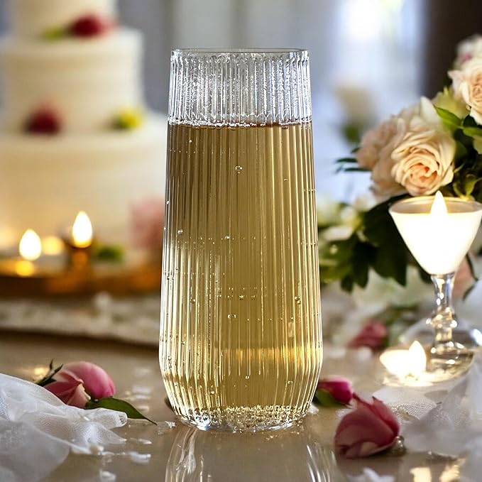 48 Pack Ribbed Origami Ripple Plastic Glasses, 24 9 Ounce Stemless Champagne Flutes & 24 12 Ounce Cups, BPA-Free Disposable Shatterproof Toasting Glasses for Weddings, Bars, and Events (Clear)