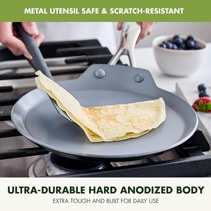 GreenPan Valencia Pro 9.5" Nonstick Crepe Pan, PFAS-Free Ceramic Flat Pancake Skillet, Induction Ready Cookware, Hard Anodized, Dishwasher & Oven Safe, Gray