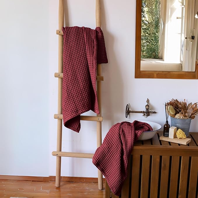 4-Piece Waffle Towels Set for Bathroom - Soft 100% Turkish Cotton Quick-Dry Lint-Free Waffle Weave Thin Bath and Hand Towels (Dark Red, 2 Bath & 2 Hand Towel Set)
