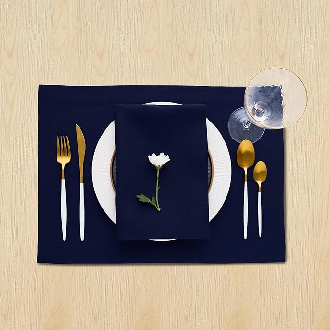 Solino Home Linen Navy Blue Placemats Set of 4 - 100% Pure Linen Placemats 14 x 19 Inch for Winter, New Year - Fete