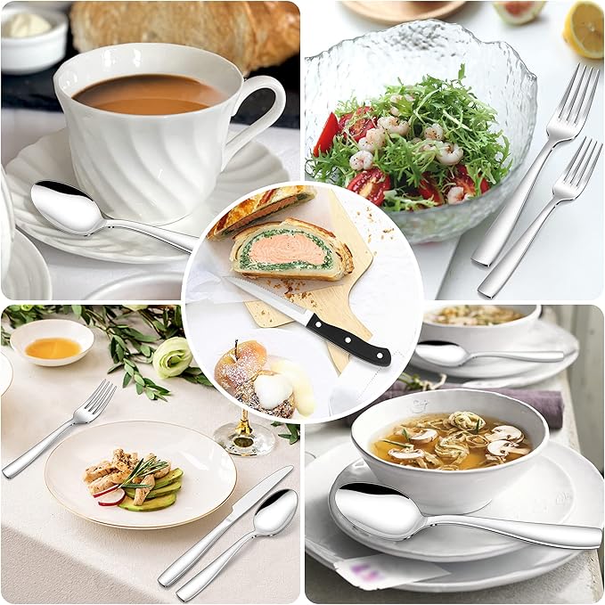 LIANYU 48-Piece 18/10 Silverware Set with Steak Knives and Drawer Organizer, Stainless Steel Flatware Service Cutlery Set for 8, Eating Utensils for Home Kitchen Entertaining, Mirror Polished