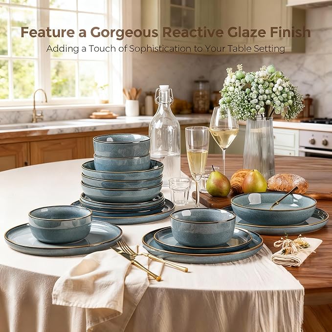 GBHOME Ceramic Dinnerware Sets for 8, 24 Pieces Stoneware Plates and Bowls Sets, Scratch Resistant Dishes, Dishwasher & Microwave Safe, Reactive Glaze-Space Blue