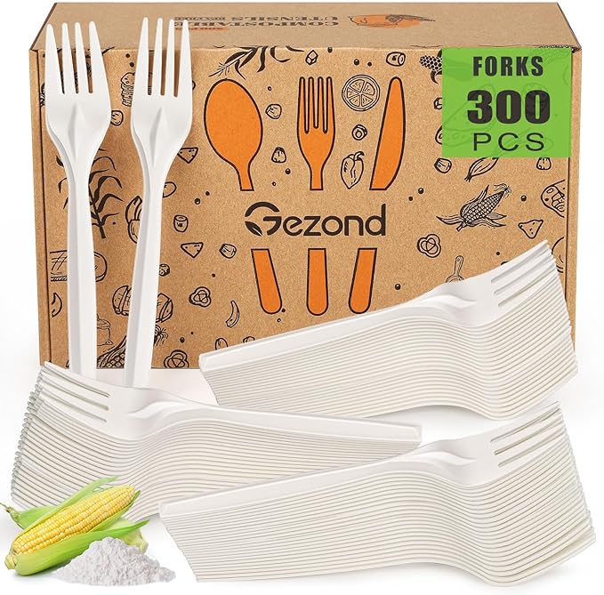 Gezond Compostable Forks 300 Count 7 Inch No Plastic Disposable Forks Heavy-duty Cutlery Set Eco-Friendly Utensils for Party Wedding Camping Office Picnic
