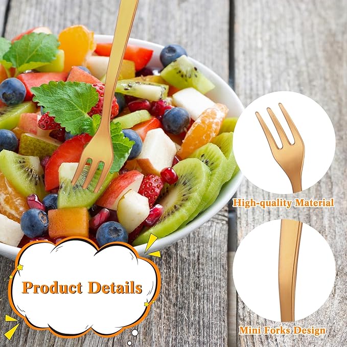 Skylety 500 Pcs Plastic Mini Forks 3.7 x 0.6 Inch Tiny Small Disposable Appetizer Cocktail Tasting Forks Utensils for Fruit Dessert Cakes Serving Supply(Gold)