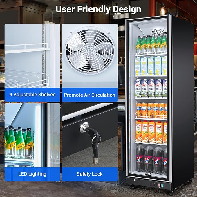 BODEGACOOLER Commercial Beverage Refrigerator with Glass Door,12.5 Cu.Ft Commercial Merchandiser Display Refrigerator,Upright Large Display Drink Cooler with Soft LED Light,Adjustable Shelves