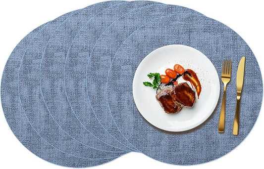 Maxpearl Round Placemats Set of 6, 13.8 inch Faux Leather Heat Resistant Table Mats, Non Slip Waterproof Wipeable Place Mats for Kitchen Dining Holiday Party Table Settings, Blue