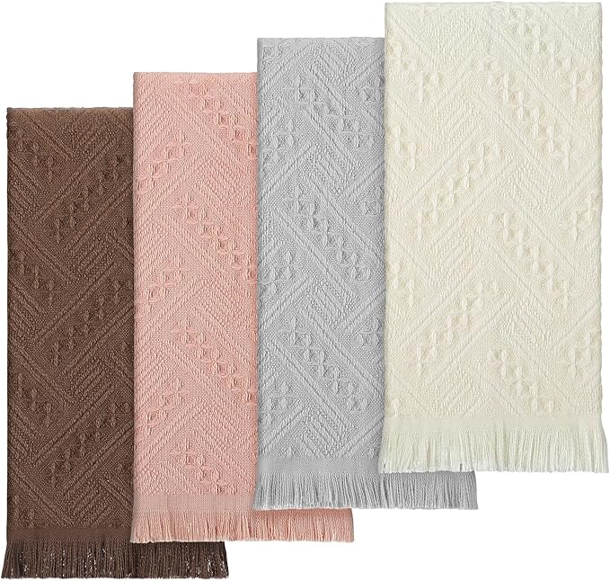 4 Pack Boho Bathroom Hand Towel 14 x 30 Inch 100% Turkish Cotton Decorative Boho Kitchen Hand Towel Farmhouse Bathroom Decor Set Absorbent Soft Guest Tea Gift(Beige, Gray, Curry, Pink)