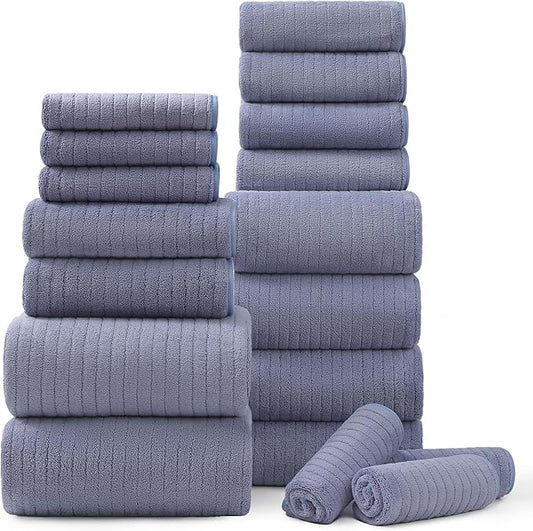 18 Piece Bath Towels Set,Soft Family Bathroom Towel Set with Hanging Loops-6 Bath Towels,6 Hand Towels,6 Washcloths,Highly Absorbent Quick Dry Shower Towel for Bathroom,Hotel,Spa-Wedgewood Towel Set