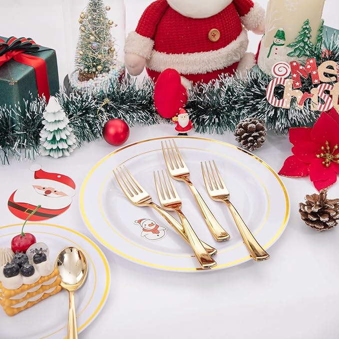 Liacere 200pcs Gold Plastic Forks - Heavyweight - 7.4 Inch Heavy Duty Forks - Gold Plastic Silverware Perfect For Parties & Weddings & Restaurants & New Year And Daily Using&Christmas&New Year