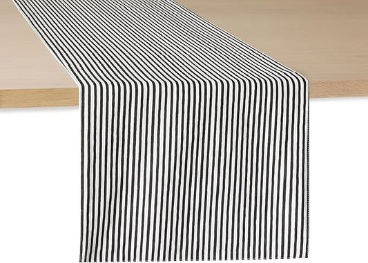 Kate Spade New York Hand Painted Shirting Stripe Reversible Table Runner, 100% Cotton, Cream/Black, 15"x72"