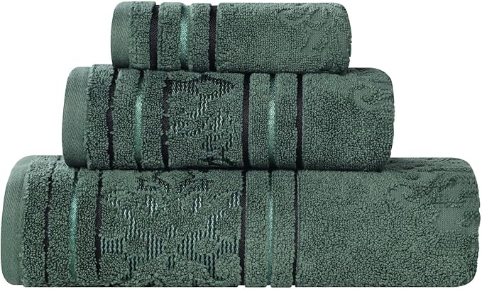 Superior Cotton 3 Piece Towel Set, 1 Bath, 1 Hand, 1 Washcloth/Face Towel, Quick Dry, Home Essentials, Shower, Spa, Luxury Plush Soft Absorbent Towels, Zero Twist, Jacquard Floral, Forest Green