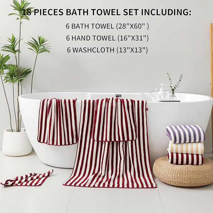 18-Piece Microfiber Bath Towels Set - 6 Bath Sheet, 6 Hand Towels, 6 Washcloths, Soft, Highly Absorbent Bathroom Towel, Quick Dry & Less Lint Shower towel for Bathroom, Hotel, Spa, Dorm-Burgundy