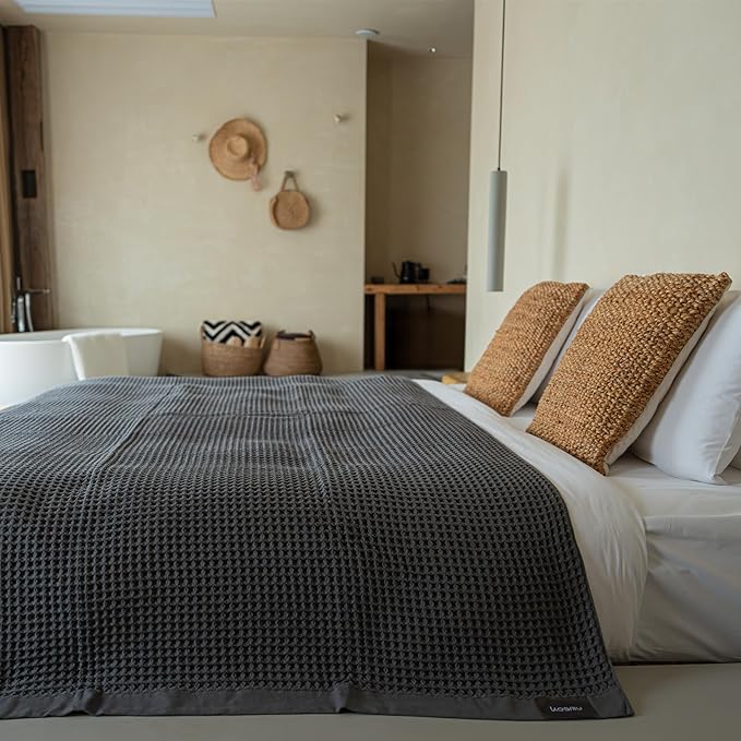 Luxury Organic Japanese Cotton Waffle Towelket Throw Blanket Bedspread for All Sleepers | Soft, Breathable and Thermoregulating (Smoke Grey, 67''x91'')