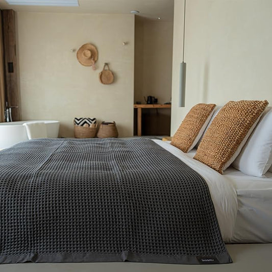 Luxury Organic Japanese Cotton Waffle Towelket Throw Blanket Bedspread for All Sleepers | Soft, Breathable and Thermoregulating (Smoke Grey, 67''x91'')