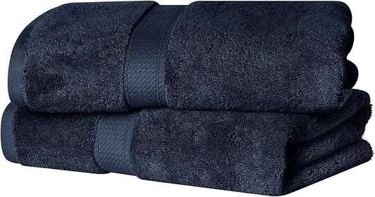 Superior Egyptian Cotton Pile Bath Towel Set of 2, Ultra Soft Luxury Towels, Thick Plush Essentials, Absorbent Heavyweight, Guest Bath, Hotel, Spa, Home Bathroom, Shower Basics, Navy Blue