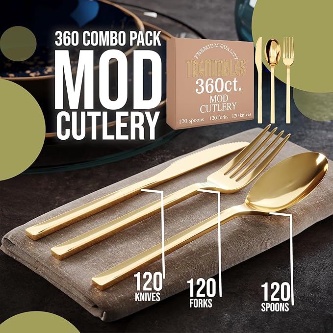 Gold Plastic Silverware Set Gold Silverware Disposable Forks and Spoons Disposable 360 Pack Plastic Utensils Set Includes 3 x 120 each Knives & Spoons & Forks For Parties and Events by Trendables