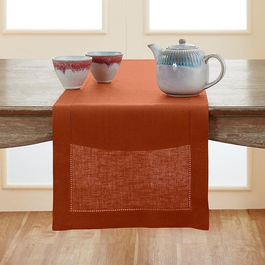 Solino Home Linen Cinnamon Table Runner 144 Inches Long - 100% Pure Linen Extra Long Table Runner 14 x 144 Inch - Classic Hemstitch