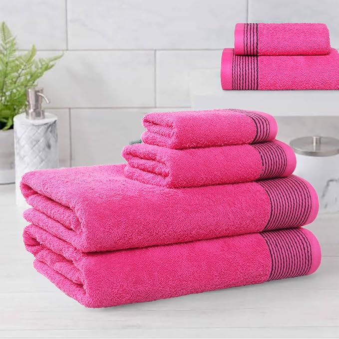 Belizzi Home 100% Cotton Ultra Soft 6 Pack Towel Set, Contains 2 Bath Towels 28x55 inchs, 2 Hand Towels 16x24 inchs & 2 Washcloths 12x12 inchs, Compact Lightweight & Highly Absorbant - Hot Pink
