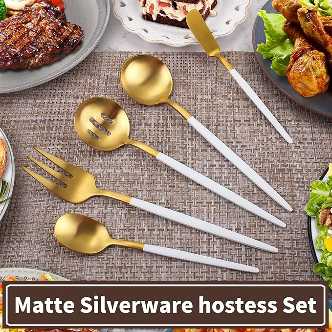 Matte White Gold Serving Silverware Set, 5-Piece Round Shared Utensils Set of Stainless Steel, Hostess Flatware Serving Set, Satin Finish, Dishwasher Safe
