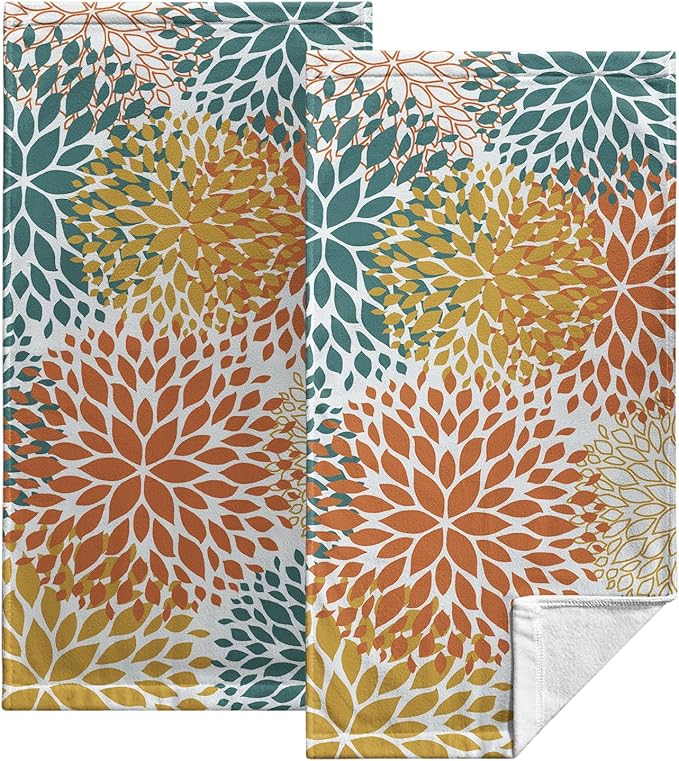 Dahlia Floral Hand Towel Set of 2 Orange and Yellow Teal Flower Kitchen Dish Towels Green Tea Towel Soft Washcloths Towel Set for Bathroom Gym Hotel Spa 28.3 x 14.4 Inch