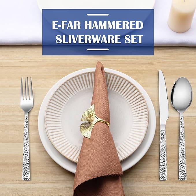 E-far 36-Piece Hammered Forks Spoons and Knives Set, Silverware Set for 12, Stainless Steel Square Flatware Set for Home Kitchen Restaurant, Mirror Polished & Dishwasher Safe