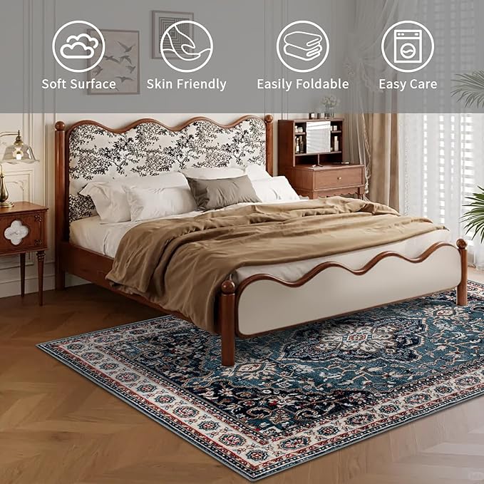 Easy-Going Area Rug 4x6 Medallion Distressed Washable Rugs for Living Room Non-Slip Bedroom Rug Low Pile Lightweight Vintage Retro Throw Rug for Dining Room Kitchen Home Office Carpet, Teal Brick