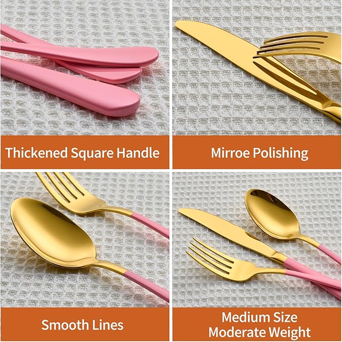 20 Piece Gold and Pink 18/0 Flatware Utensil Set for 4, Include Dinner Knife,Dinner Forks,Dinner Spoons,Salad Forks,Teaspoons,Silverware Set for 4, Dishwasher Safe