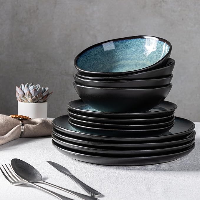 AmorArc Ceramic Dinnerware Sets,Handmade Reactive Glaze Stoneware Plates and Bowls Set,Highly Chip and Crack Resistant | Dishwasher & Microwave Safe Dishes Set,Service for 4 (12pc)