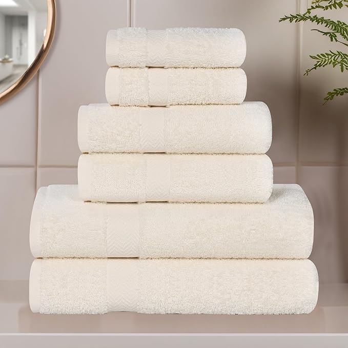 Superior 6-Piece Cotton Assorted Towel Set, Includes 2 Face/Washcloths, 2 Hand, and 2 Bath Towels, Lightweight Essentials, for Home, Gym, Beach, Bathroom, Quick Drying, Franklin Collection, Ivory
