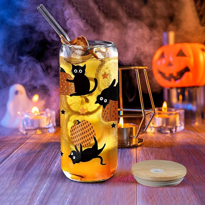 Joeyan Halloween Glass Cups with Lids and Straws,20 oz Pumpkin and Black Cat Iced Coffee Tumbler,Cute Funny Can Shaped Beer Drinking Glasses,Holiday Gifts for Women Mom Friend Teen