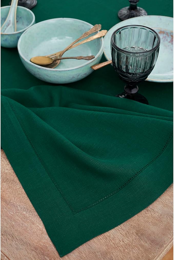 Solino Home Linen Placemats Set of 4 - Classic Hemstitch Rainforest Green Placemats 14 x 19 Inch - 100% Pure Linen Table Mats for Holiday, Winter, New Year